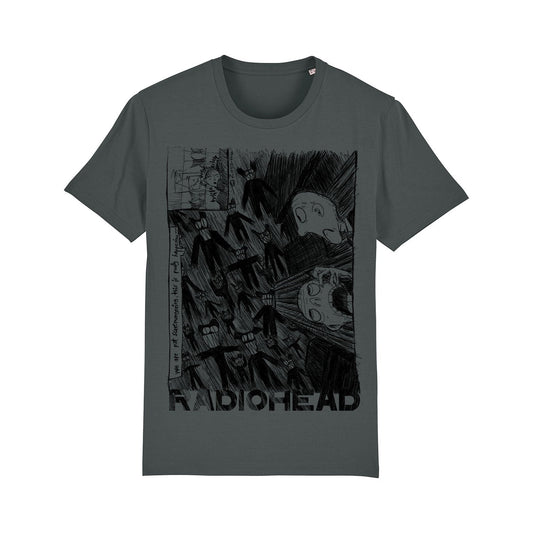 Gray t-shirt featuring a black and white graphic design with the text ’RADIOHEAD’ at the bottom.