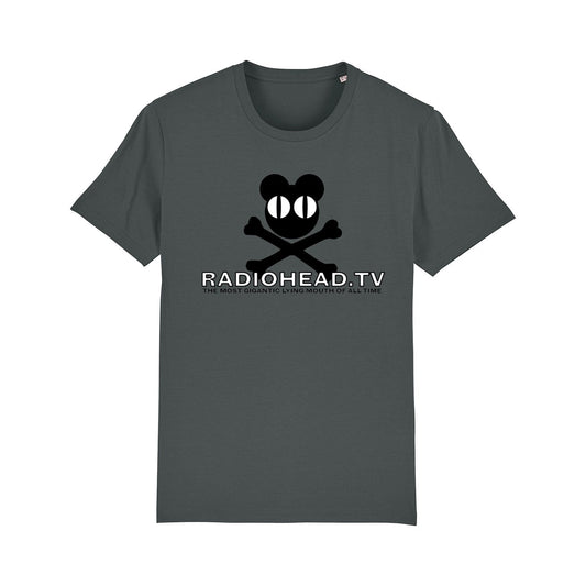 Gray t-shirt featuring a black cartoon character logo and ’RADIOHEAD.TV’ text.