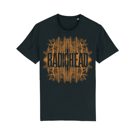 Black t-shirt featuring a Radiohead logo design with stylized tree imagery in orange.