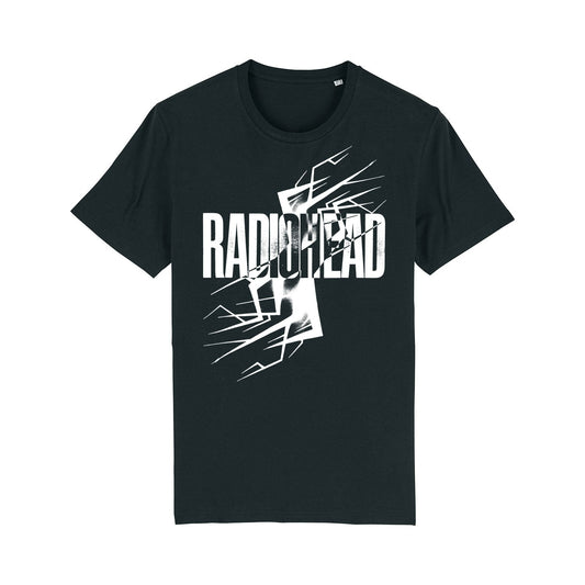 Black t-shirt with ’RADIOHEAD’ text and abstract white design.