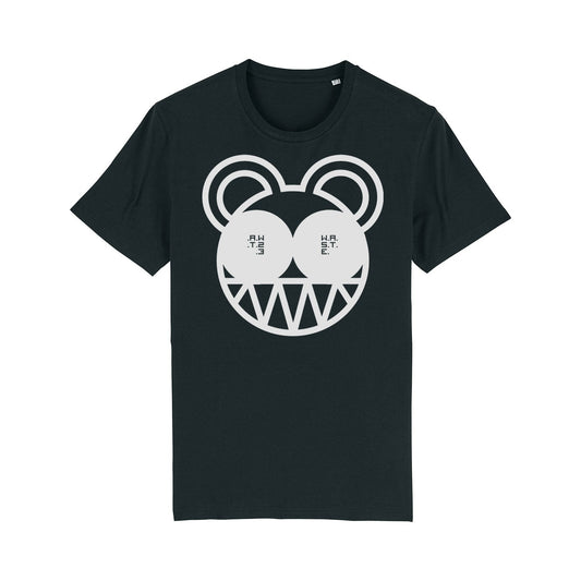 Black t-shirt with a white cartoon face design featuring round eyes and triangular teeth.