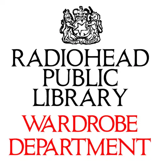 Black and red text logo for ’Radiohead Public Library Wardrobe Department’ with a heraldic crest at the top.