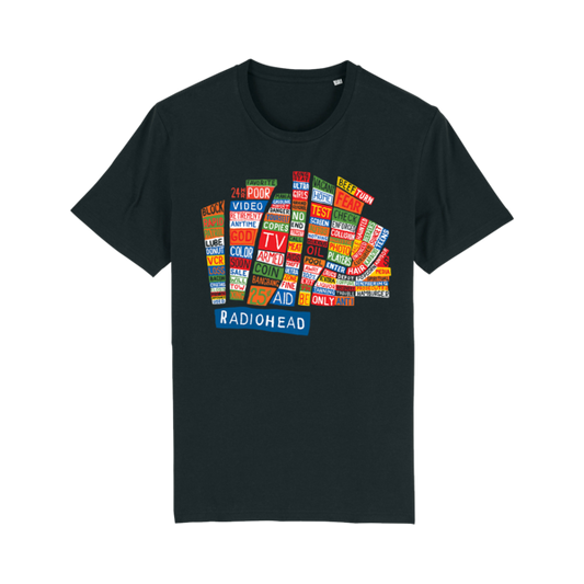 Black t-shirt featuring a colorful graphic design with the word ’Radiohead’ prominently displayed.