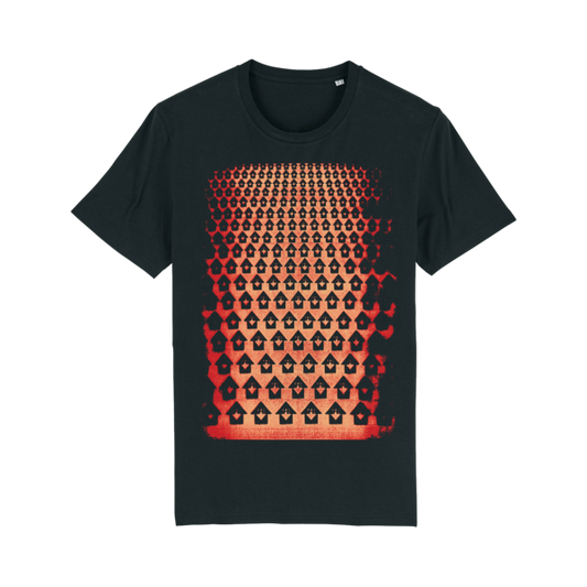 Black t-shirt with a red and orange geometric pattern on the front.