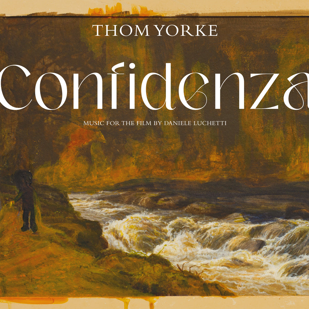 Album cover for ’Confidenza’ by Thom Yorke, featuring a painterly landscape with a rushing stream.