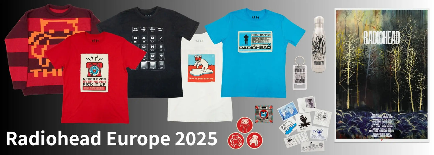 Radiohead europe 2025 merchandise collection featuring t-shirts in various colors and designs, including a blue shirt with ’thi’ text.