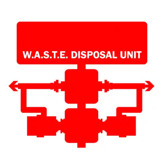 Red schematic diagram of a W.A.S.T.E. disposal unit with branching pipes.