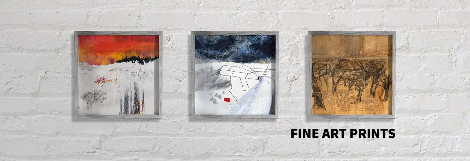 Three abstract art prints mounted on a white wall, displaying different color schemes and artistic styles.