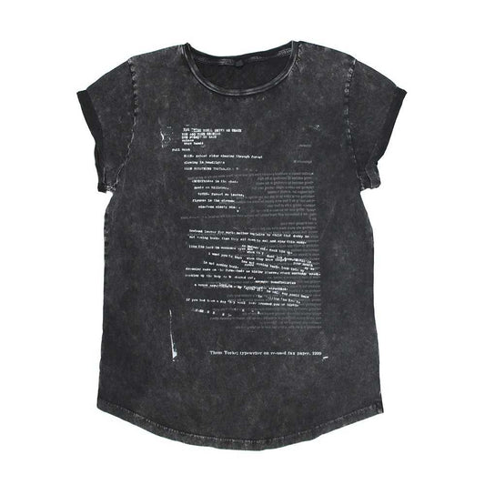 Black t-shirt with faded white text printed on the front.