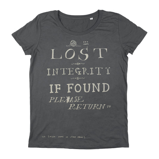 Gray t-shirt with white text about lost integrity.