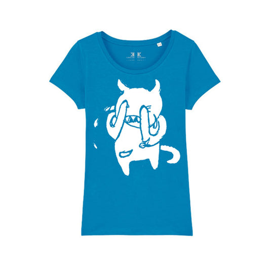 Blue t-shirt with a white cartoon monster design on the front.