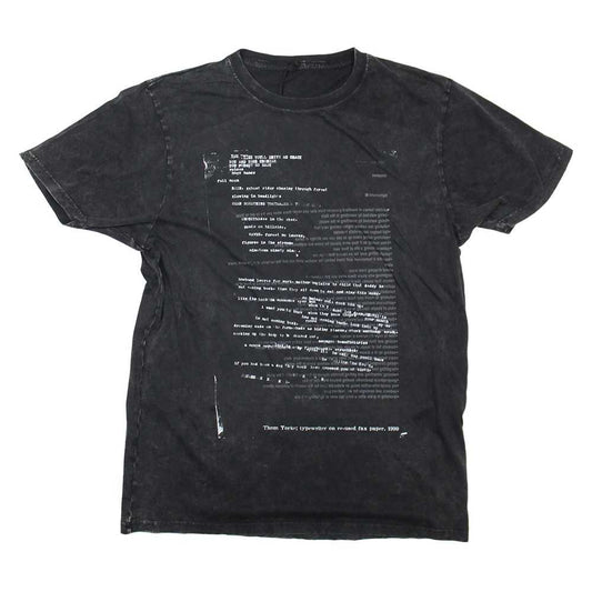 Black t-shirt with white text printed on the front.